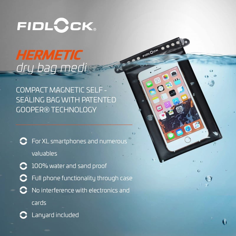 FIDLOCK Hermetic Dry Bag Flexible Magnetic Self-Sealing Bag for Cellphone | 100% Water & Sand Proof | Practical Size with a Large Opening | Lanyard Included | Medi | Orange Transparent - Image 3